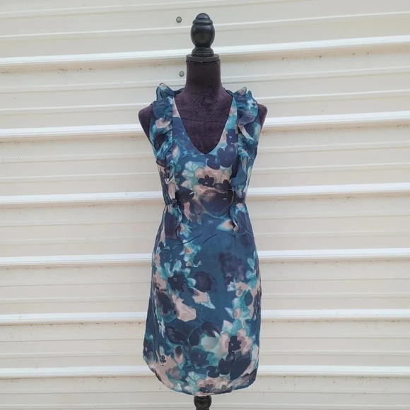 Ann Taylor LOFT Gray Turquoise Blue Watercolor Sheath Ruffle Dress V-Neck Sz 6 - Picture 1 of 12